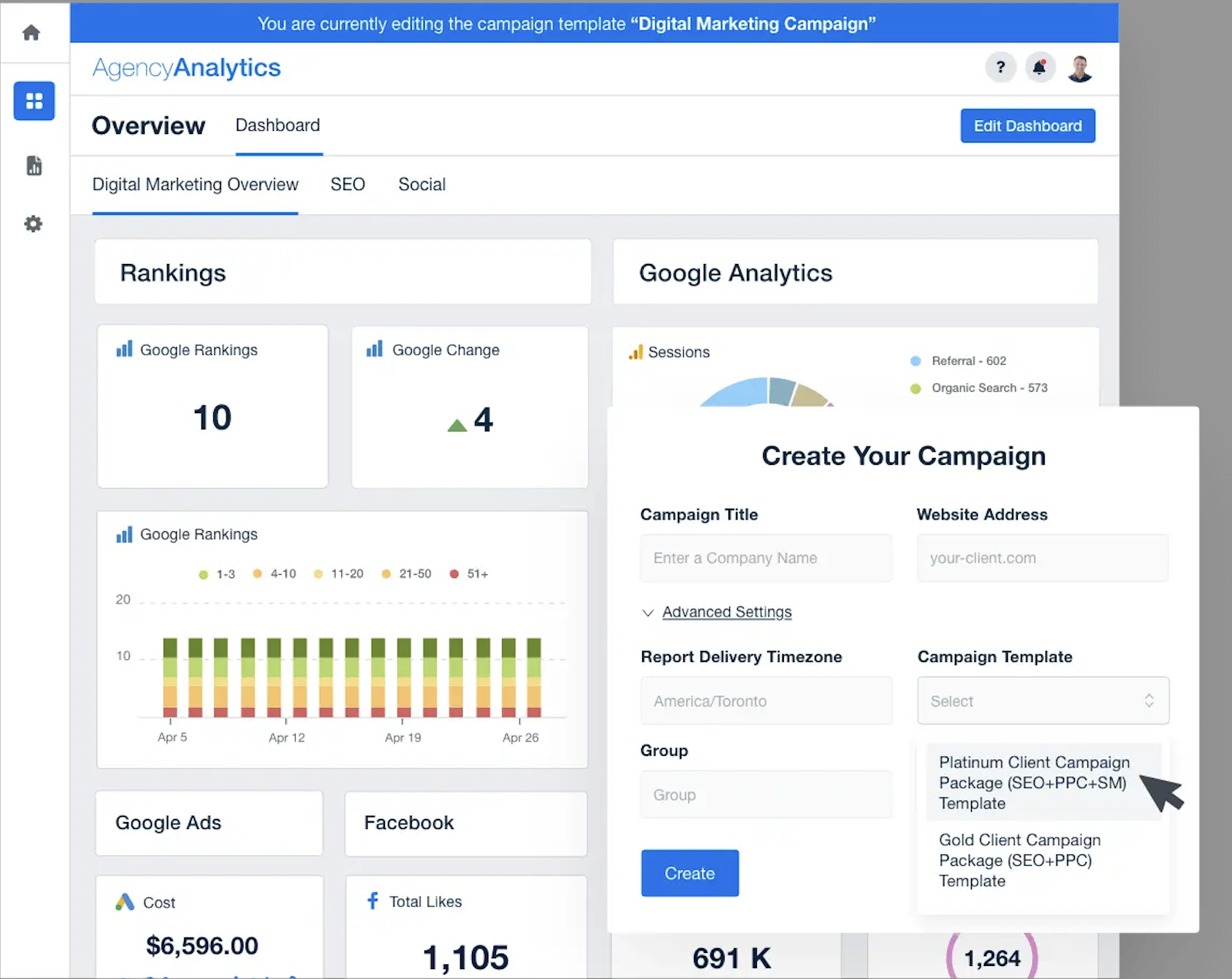 Screenshot of AgencyAnalytics campaign template