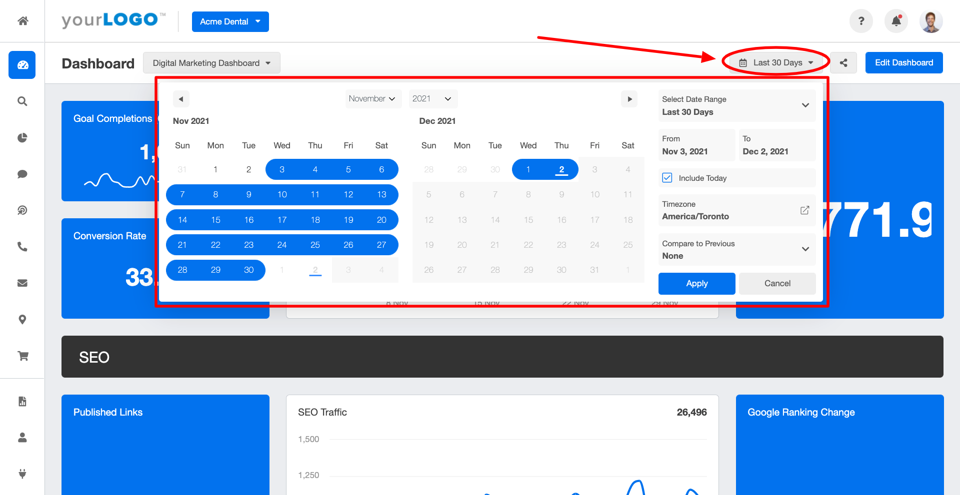 Screenshot of AgencyAnalytics dashboard over the last 30 days