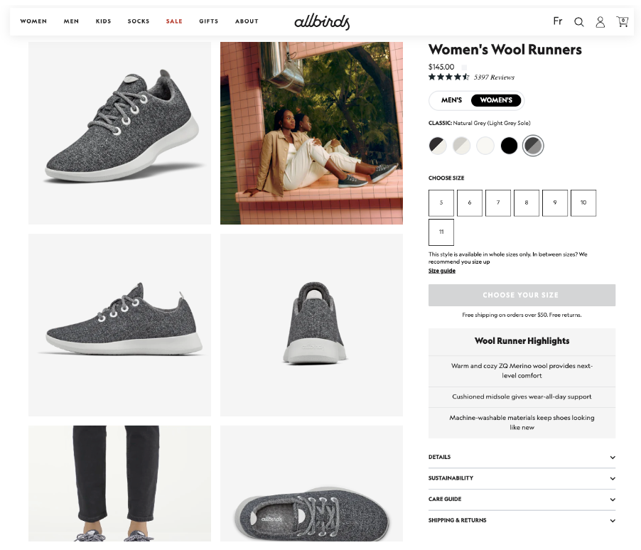 Screenshot of Allbirds product page