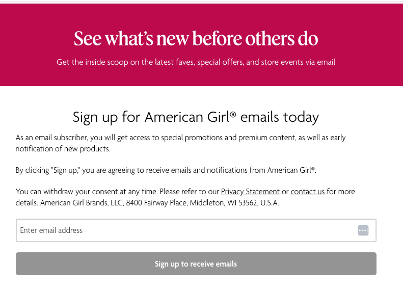 American Girl email signup landing page screenshot