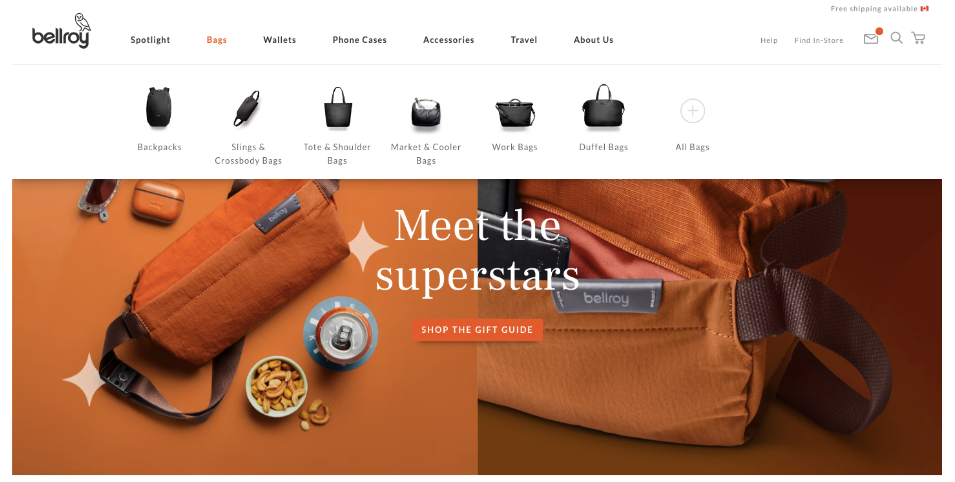 Screenshot of Bellroy landing page