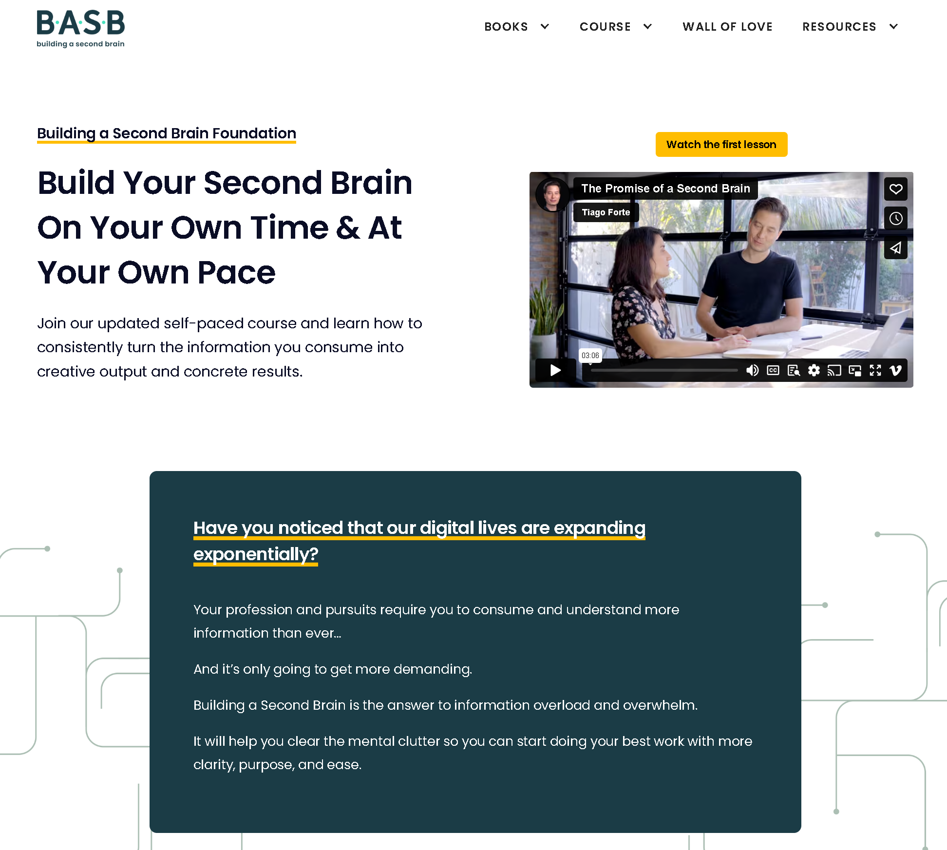 Screenshot of landing page for Building a Second Brain Foundation