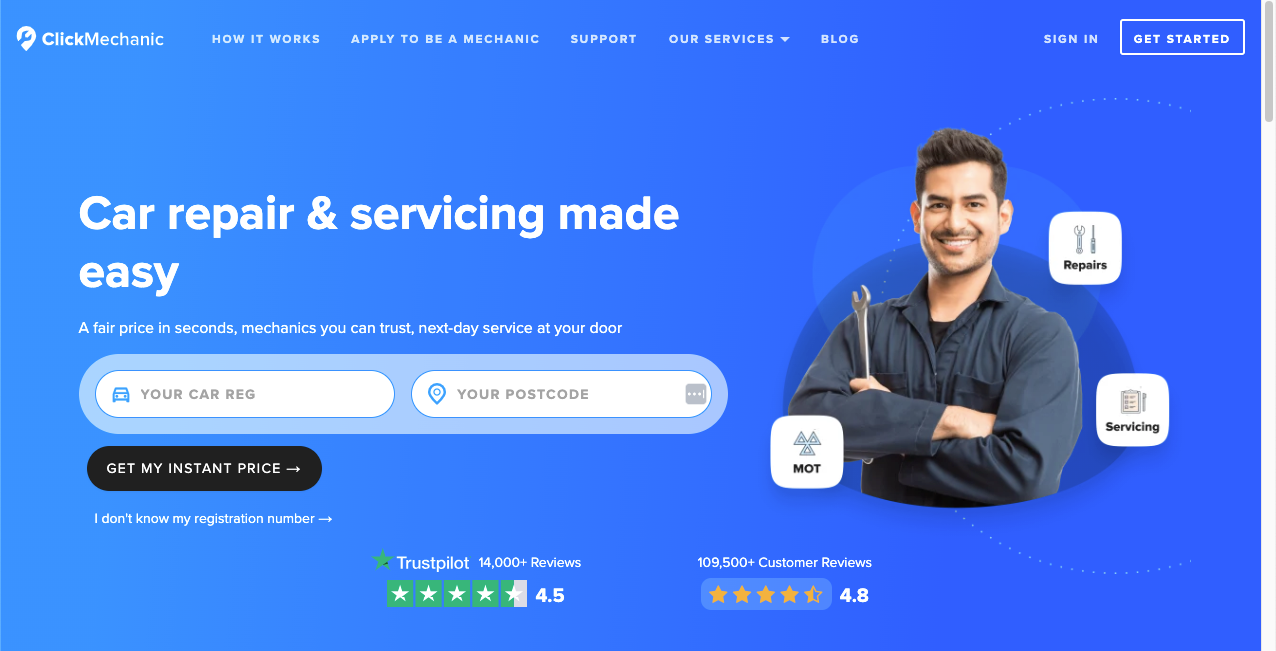 Screenshot of ClickMechanic homepage landing page optimization case study
