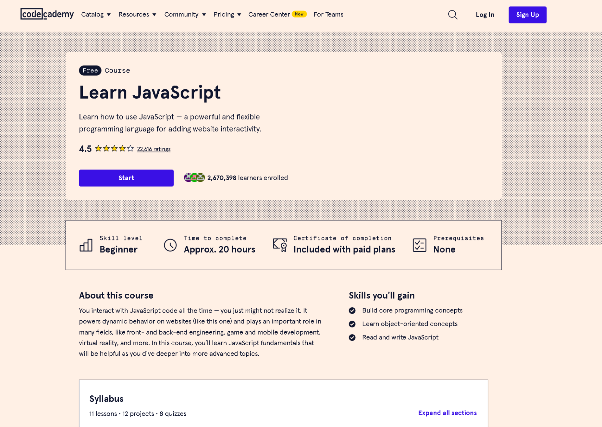 Screenshot of landing page for Code Academy