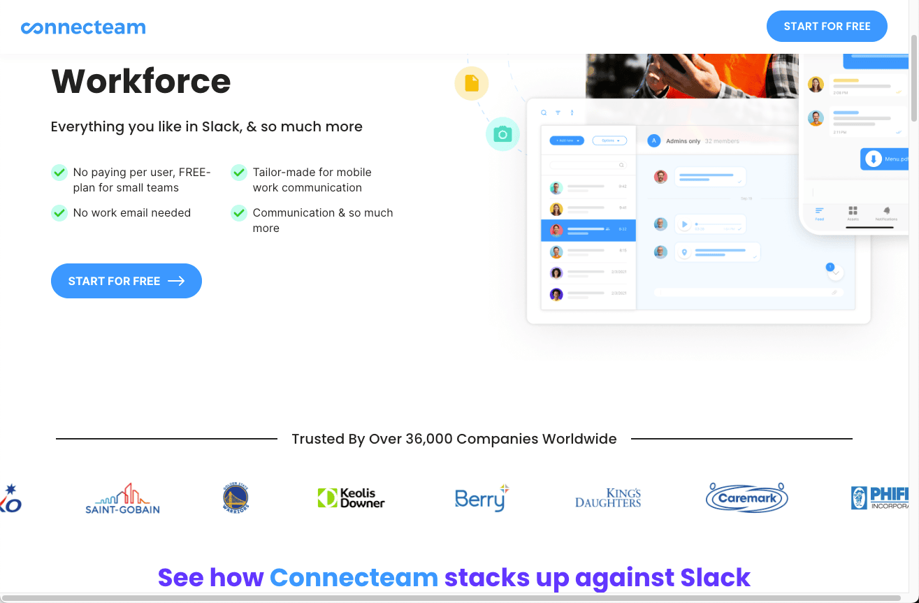 Thumbnail screenshot of a Connecteam landing page