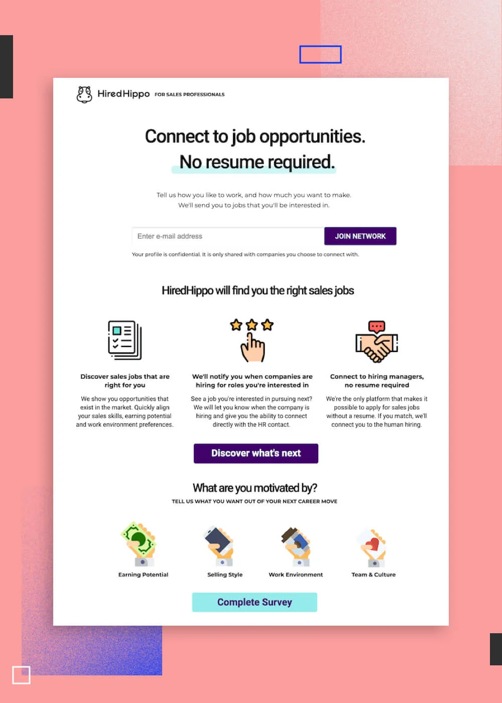 HiredHippo landing page headline and subheading copy example - desktop version
