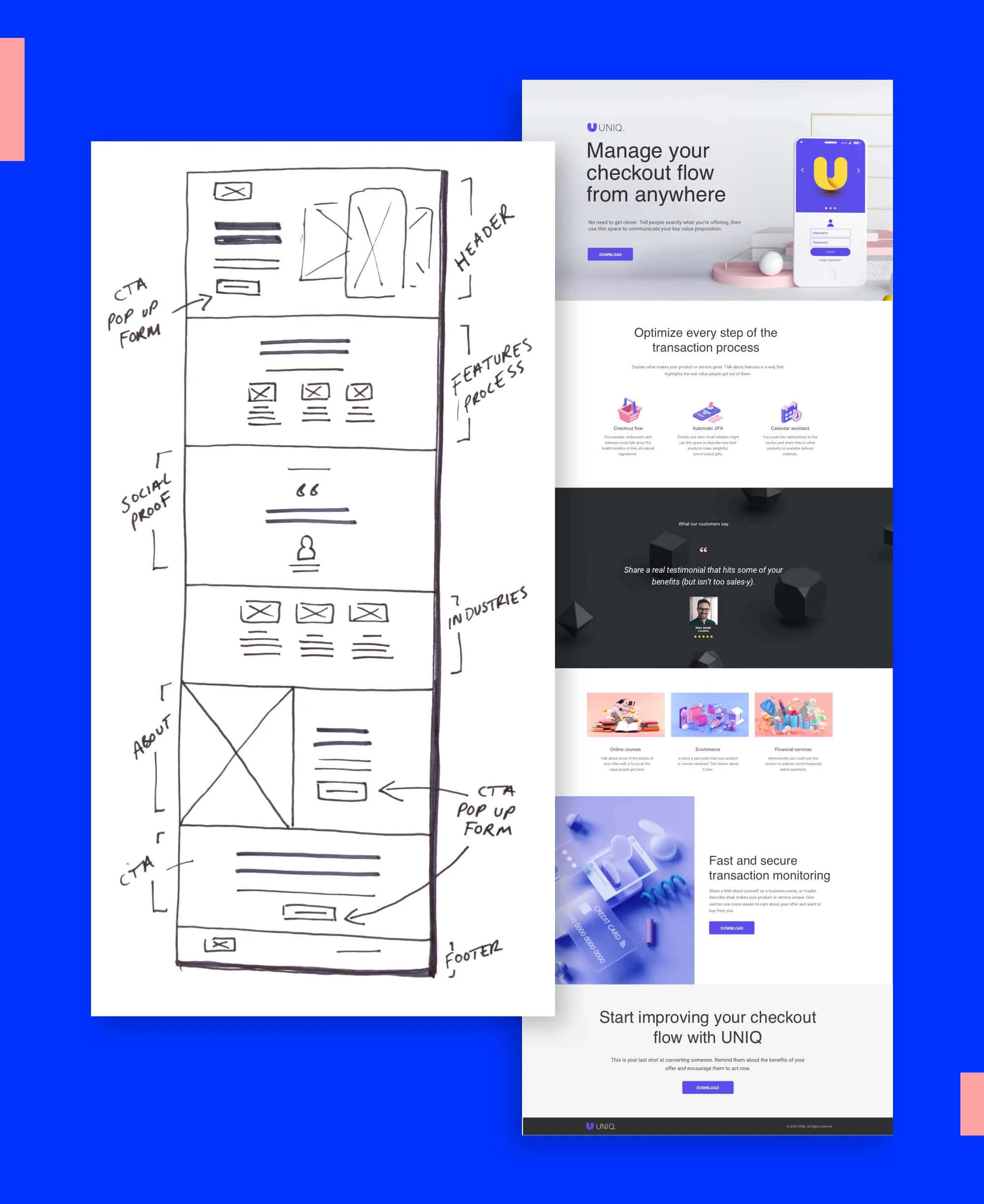 Landing page wireframe design - desktop version