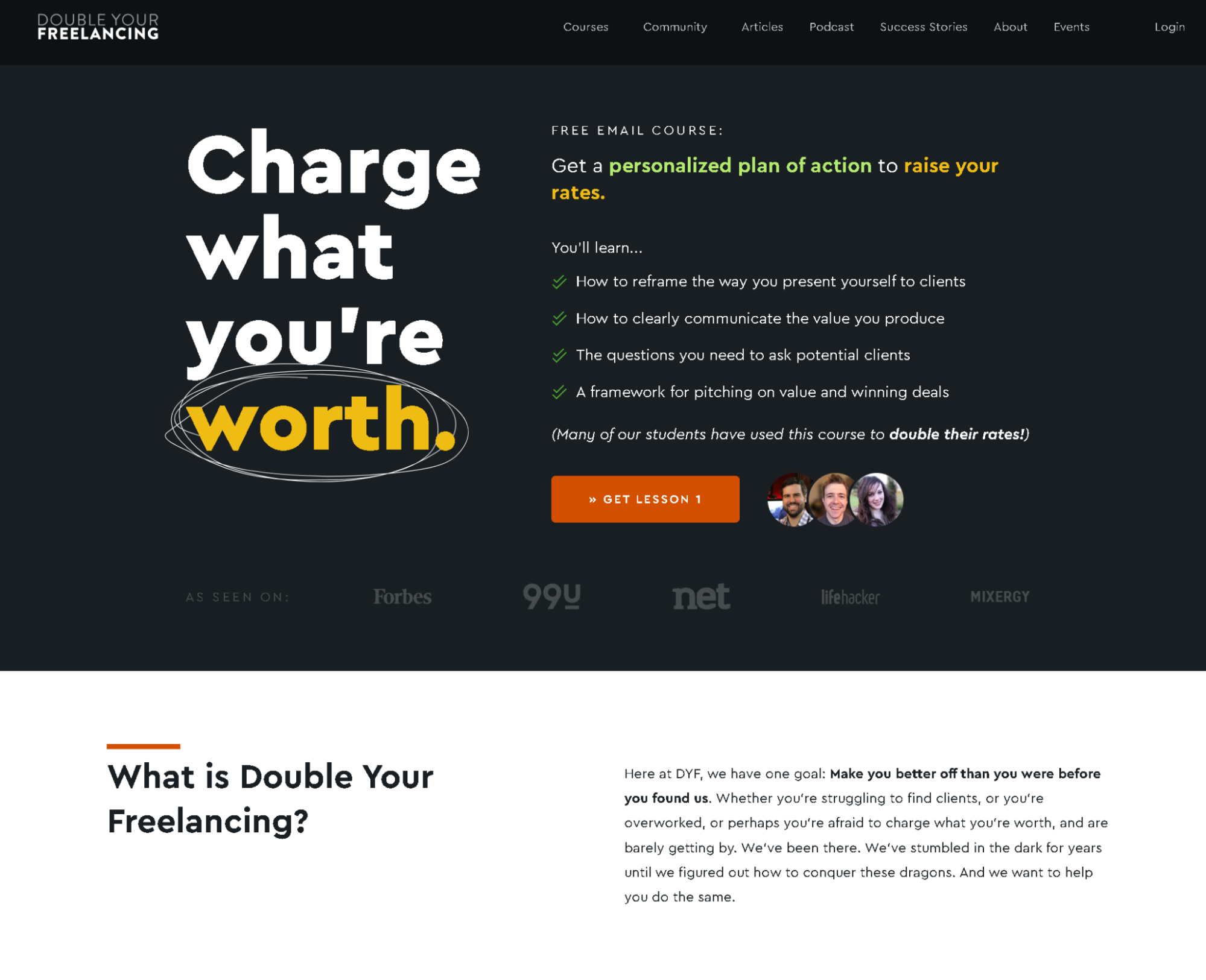 Screenshot of landing page for Double Your Freelancing