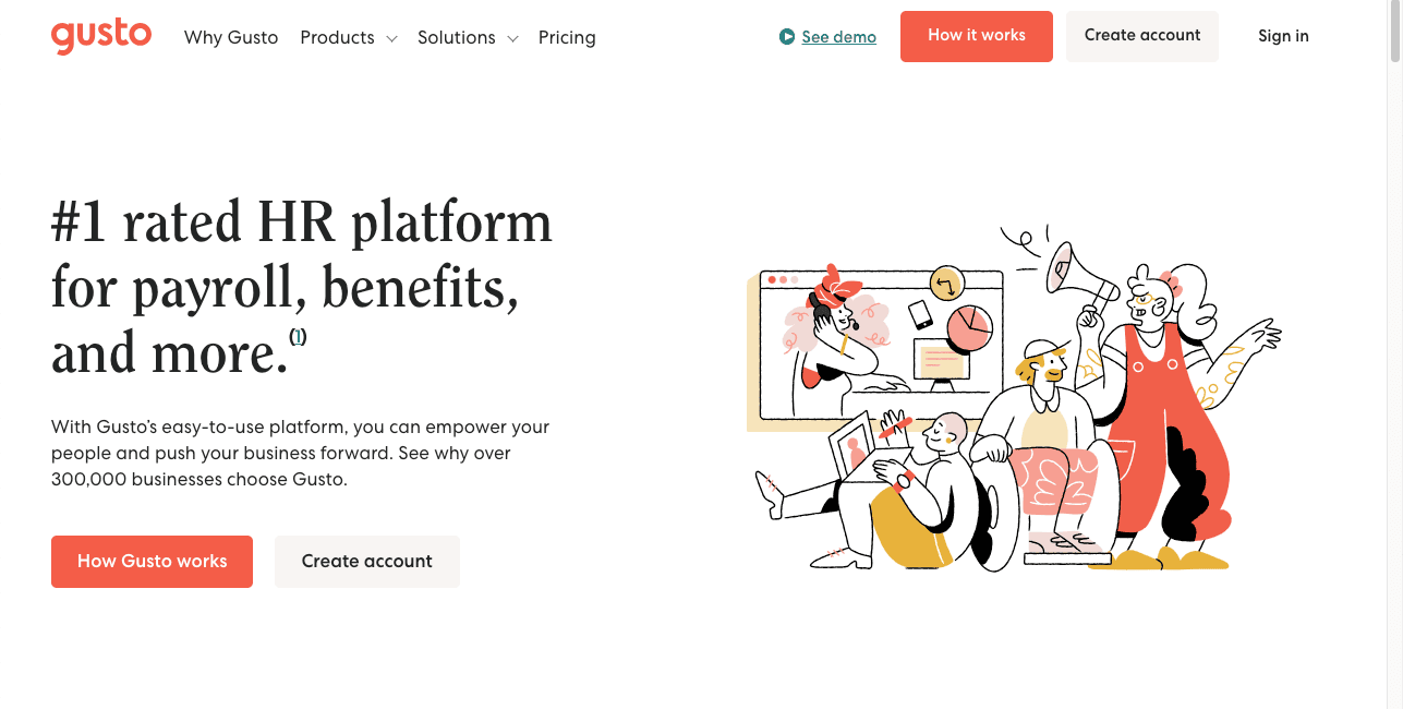 Thumbnail screenshot of a Gusto landing page