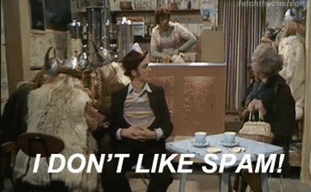 Animated gif of a woman saying she doesn't like spam