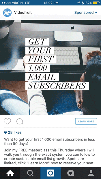 Instagram campaign example and landing page