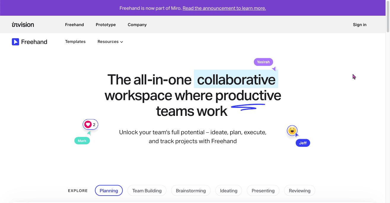 Thumbnail screenshot of a Invision Freehand landing page