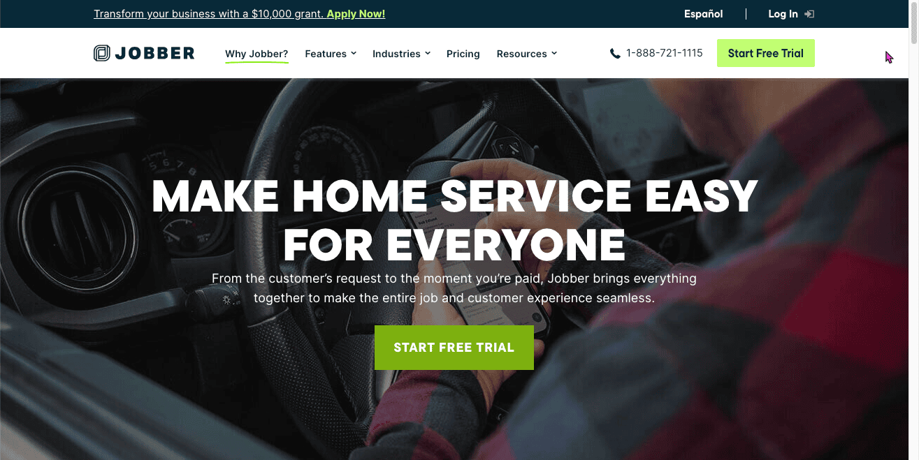 Thumbnail screenshot of a Jobber landing page