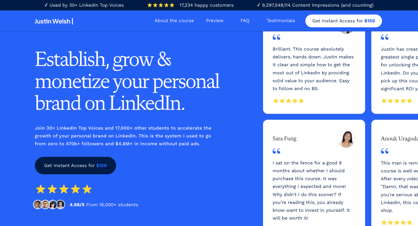 Landing page example from Justin Welsh