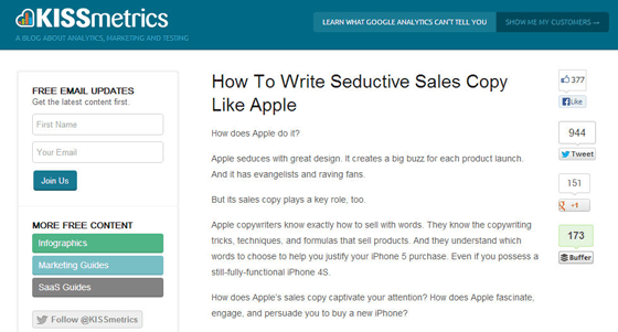KISSmetrics blog that doesn't sell