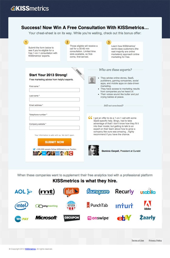 KISSmetrics confirmation page