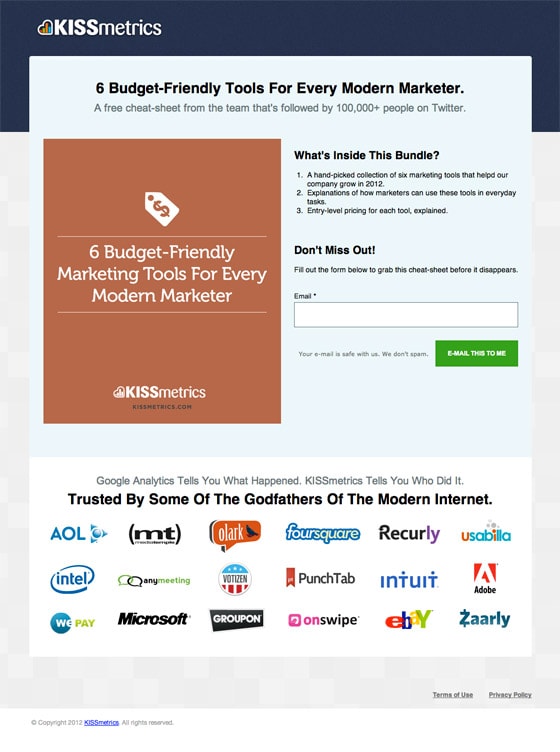 KISSmetrics landing page example