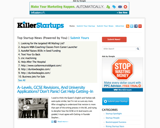 KillerStartups Homepage