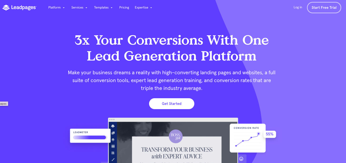 Screenshot of the Leadpages webpage