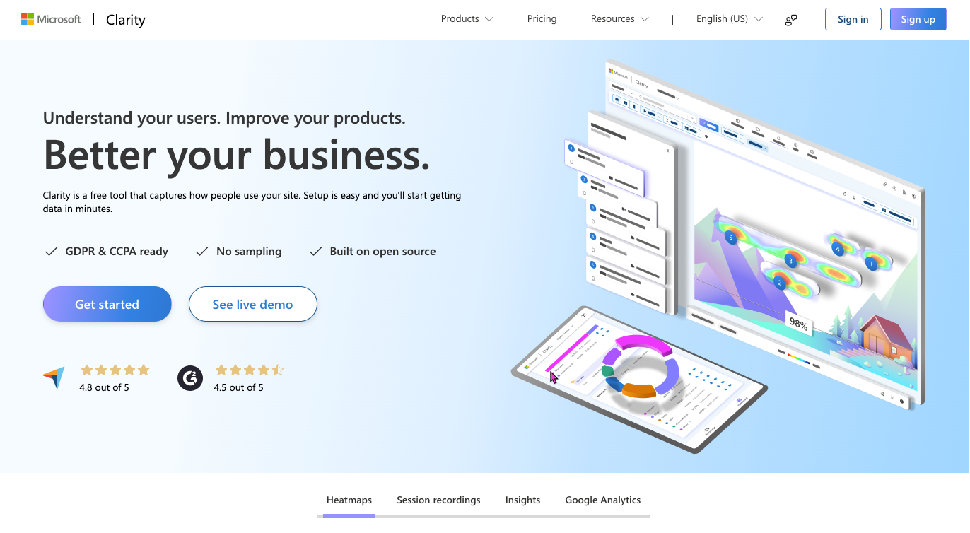 Screenshot of the Microsoft Clarity webpage
