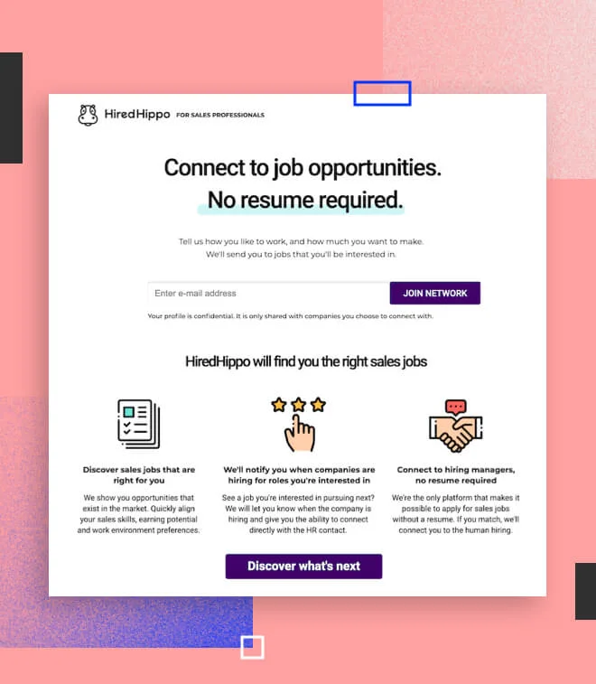 HiredHippo landing page headline and subheading copy example - mobile version