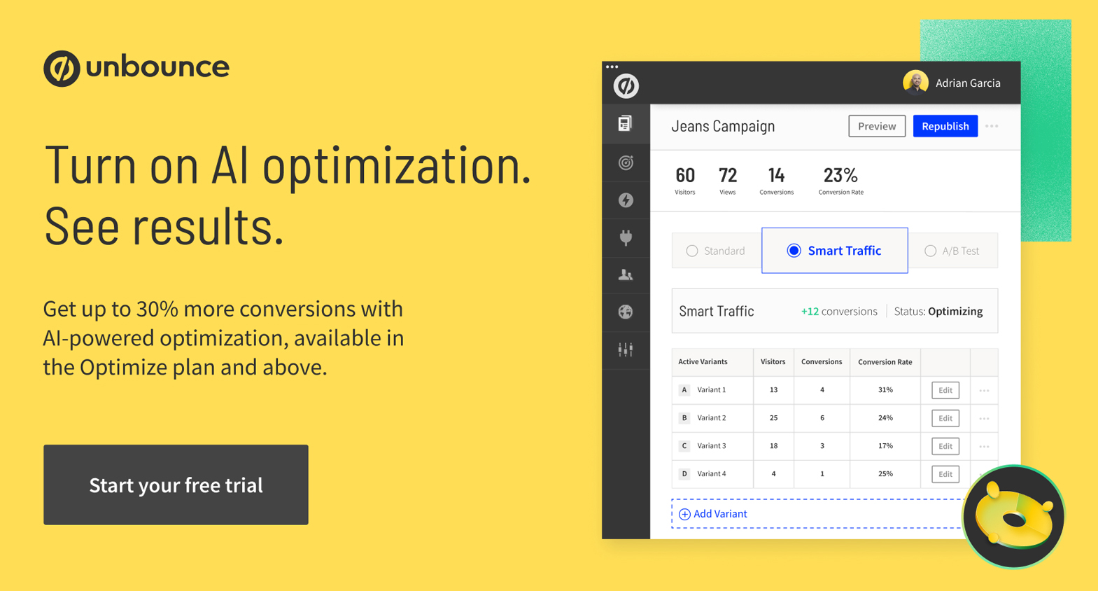 AI optimization pricing plan by Unbounce CTA