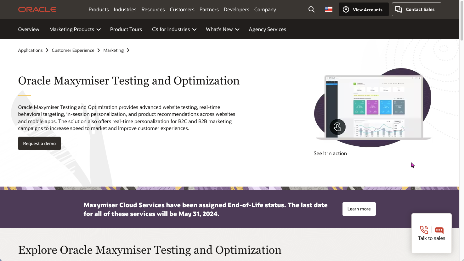 Screenshot for Oracle Maxymiser webpage