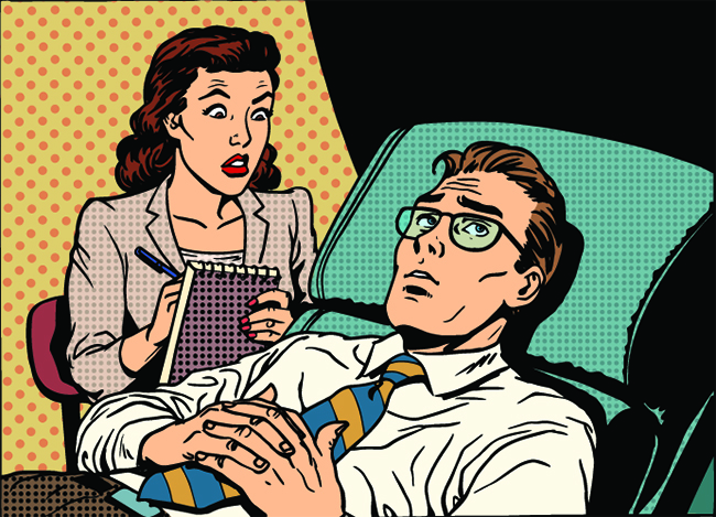 psychologist female patient male sympathy family relationships emotions mental problems pop art retro style