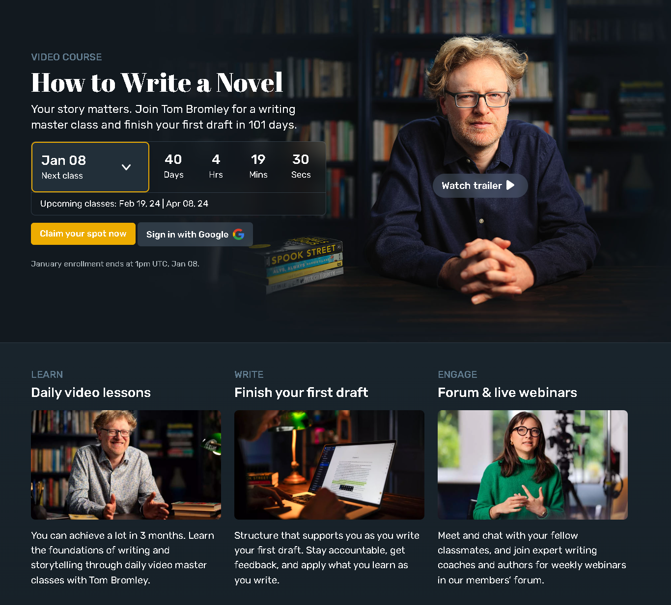 Screenshot of landing page for Reedsy how to write a novel course