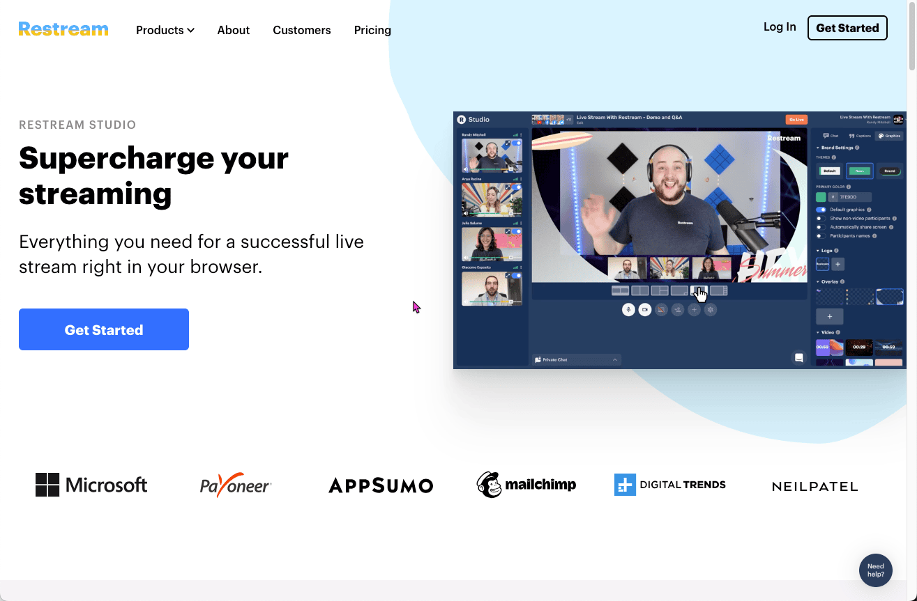 Thumbnail screenshot of a Restream landing page