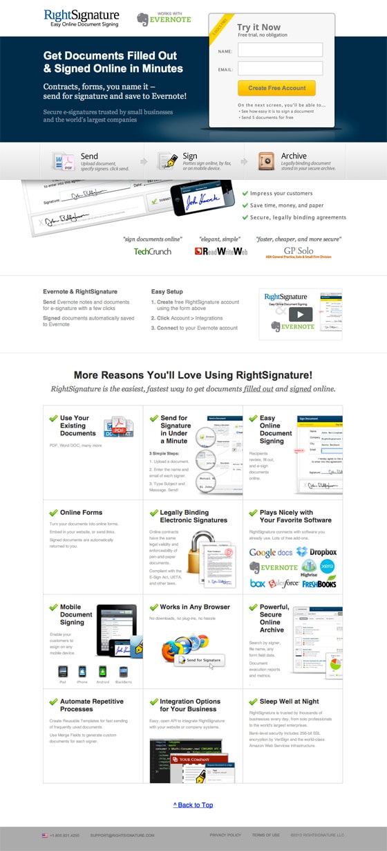 RightSignature landing page design