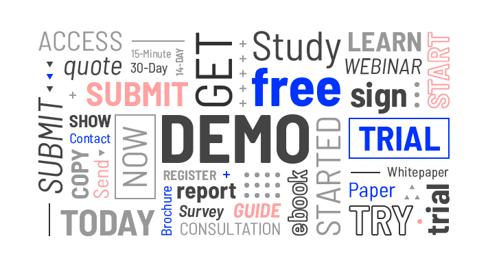 A word cloud showing the most popular CTA phrases on SaaS landing pages
