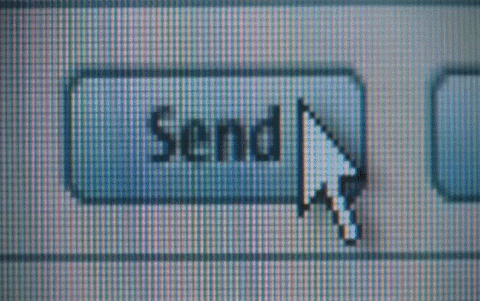Animated gif of a woman hitting send on an email then crying