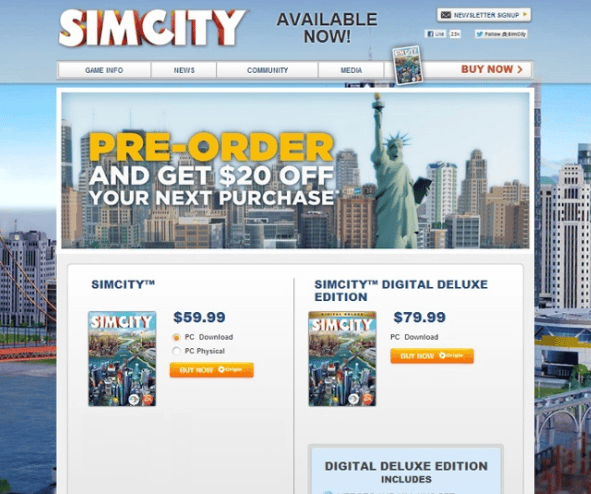 Screenshot of SimCity A/B Testing example variant A