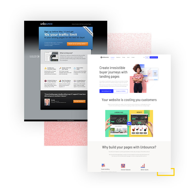 An Unbounce landing page from 10 years ago compared to one from today