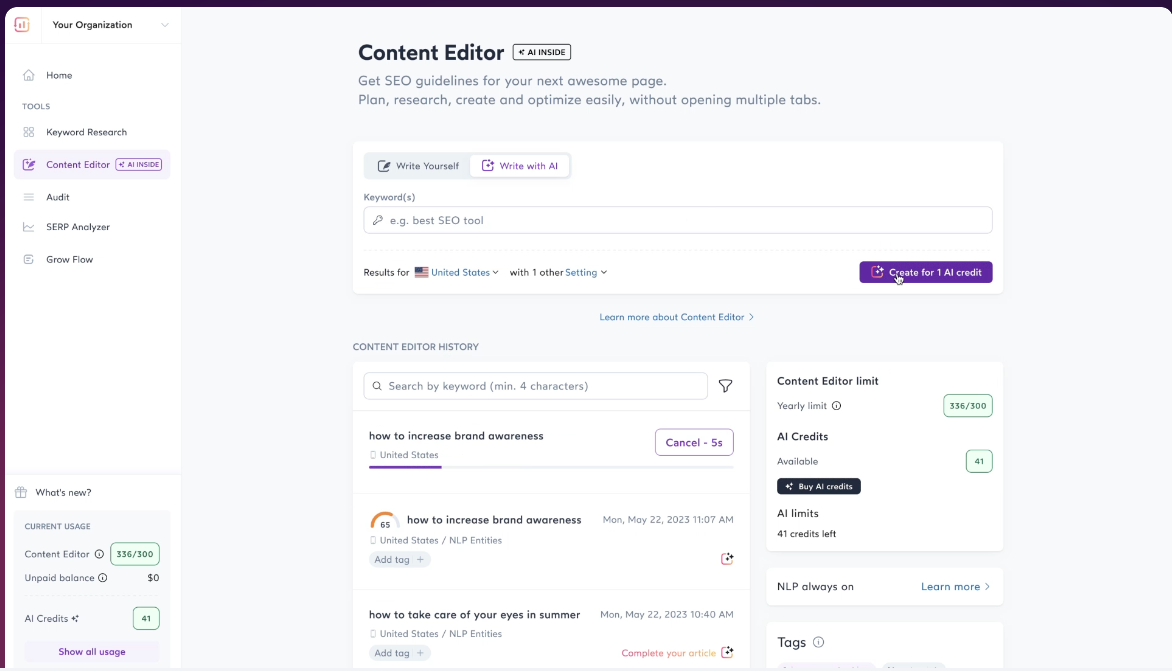 Surfer SEO AI tool screenshot