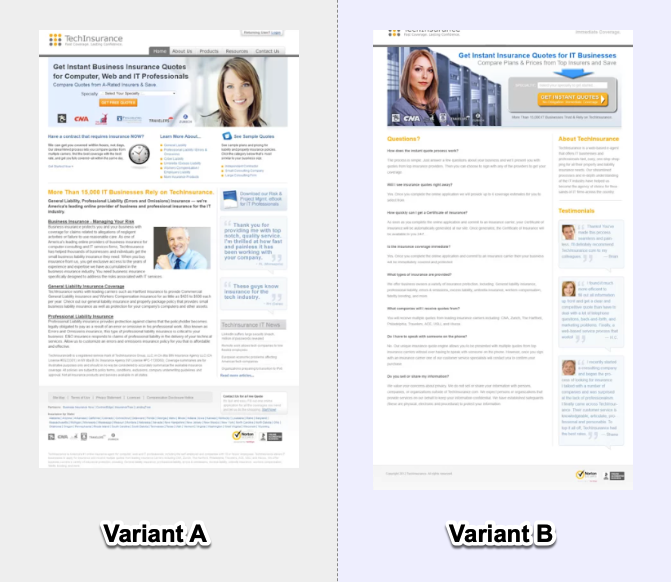 Screenshot of TechInsurance A/B test example variants A and B side by side