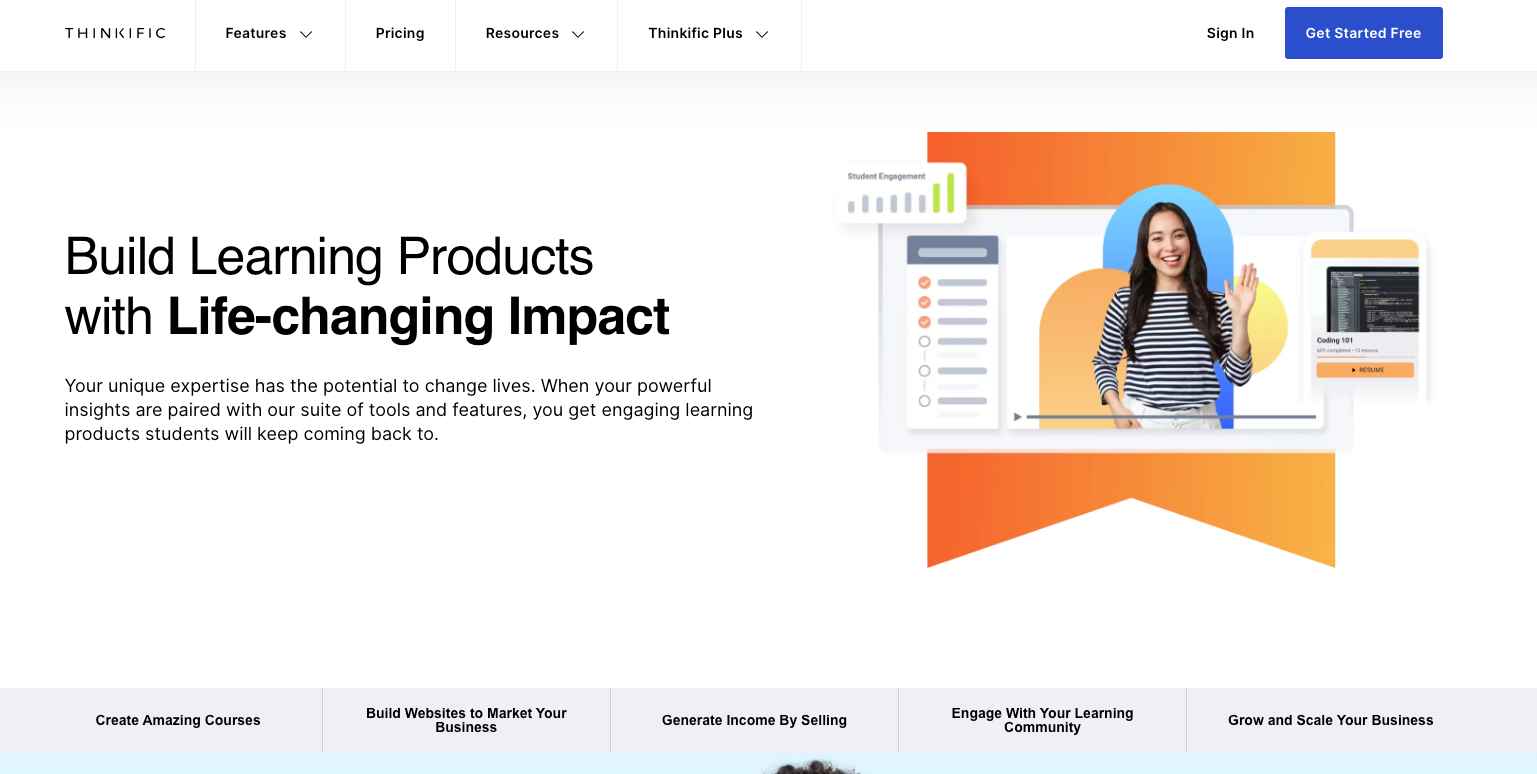 Thumbnail screenshot of the top of a Thinkific landing page