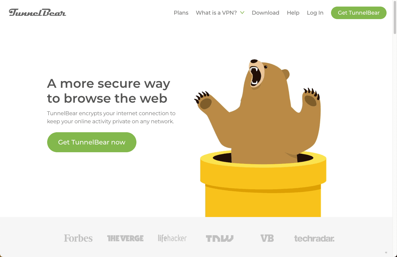 Thumbnail screenshot of a TunnelBear landing page