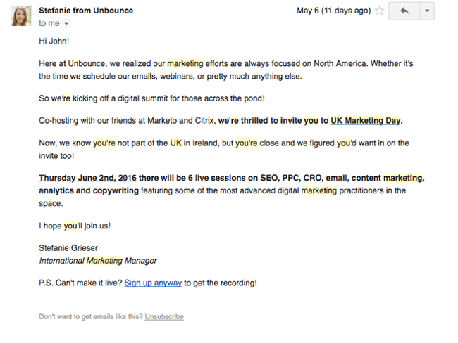 UK Marketing Day email example