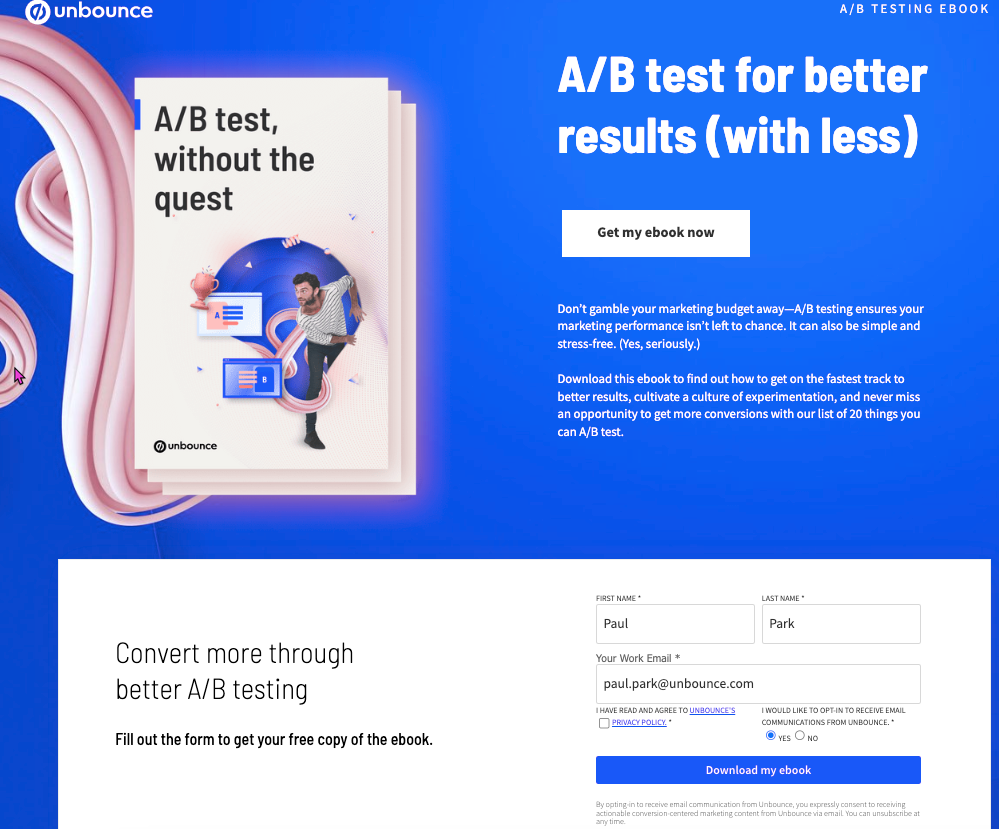 Screenshot of Unbounce A/B testing ebook lead magnet landing page