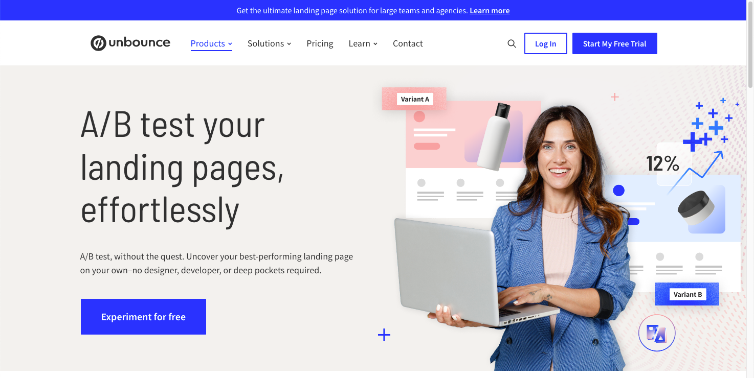 Screenshot for Unbounce A/B testing tool page