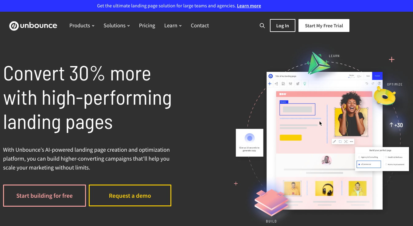 Screenshot of the Unbounce webpage