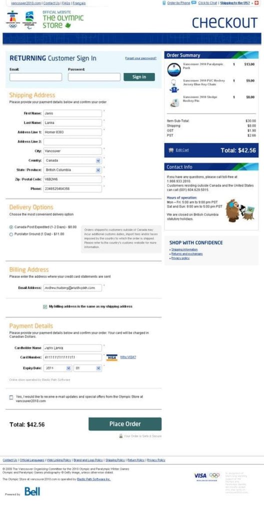 Screenshot of Vancouver Olympic Store A/B Testing case study variant B