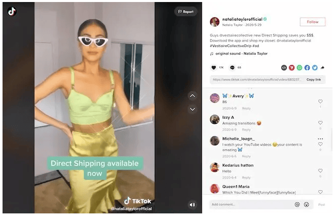 Screenshot of TikTok video a/b testing example from Vestiaire Collective