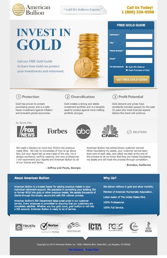 american bullion landing page example