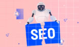 Graphic of a robot with an unhappy expression holding an AI SEO sign being torn in half
