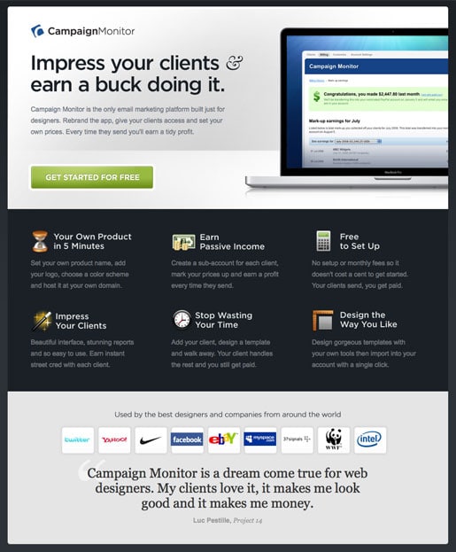 Screenshot of the designers landing page from campaign monitor