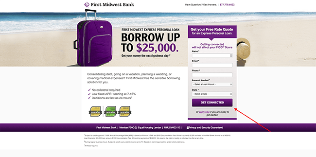 Midwest Bank Champion Landing Page with From