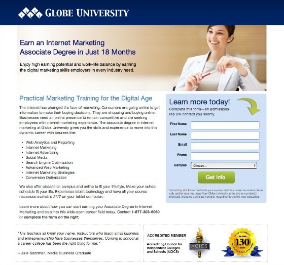 Copywriting: Globe University website example